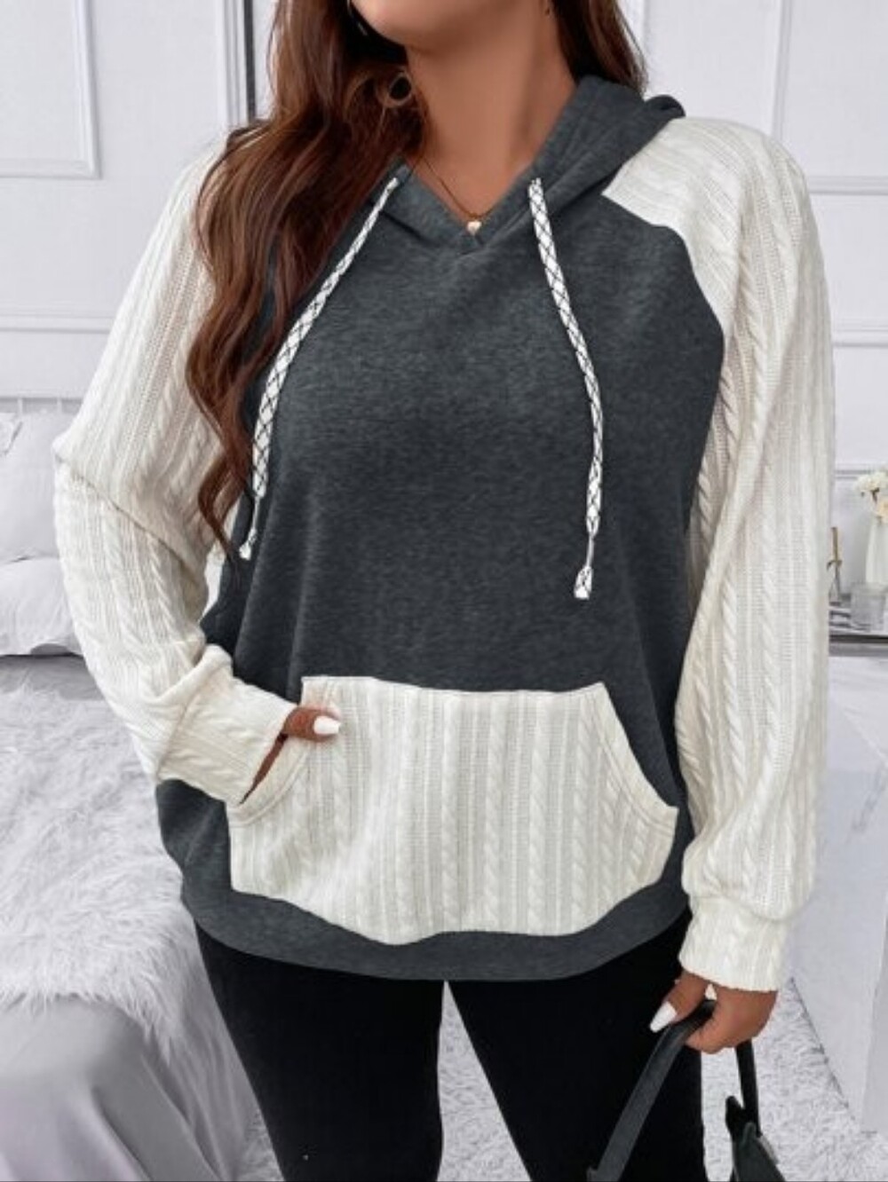 SHEIN Curve Charcoal Gray Mixed Media Cable Knit Hoodie 2X
